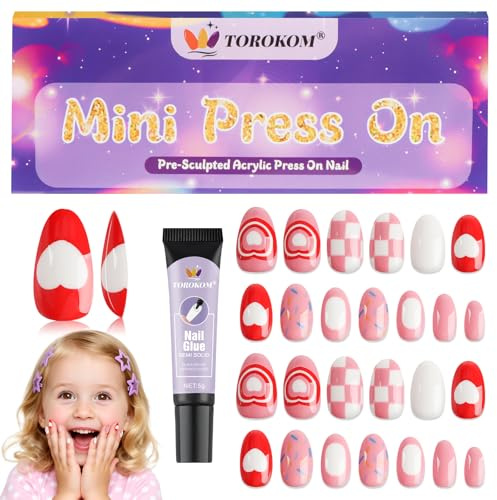 26 Stück Press-On-Nägel Für Kinder, TOROKOM Süße Künstliche Kindernägel Zum Aufkleben, Kurze Mandeln Künstliche Nagelkunst, Mit Aufbau-Nagelkleber (1 Packung, Rotes Herz)