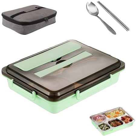 LWLWA 1500ml con Scomparti Portavivande Termico, Portapranzo Ufficio, Lunch Box Acciaio, con 5 Scomparti, Viene Fornito con Borsas per il Pranzo e Posate, Adatto per Casa, Campeggio, Ufficio