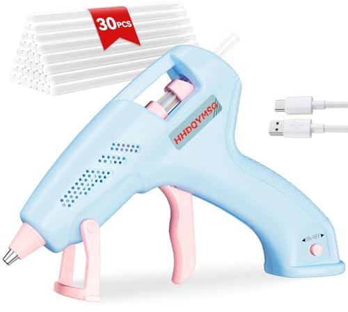 HHDQYMSG Cordless Hot Glue Gun, 20W Hot Glue Gun with 30PCS Premium Glue Sticks & 1m USB-C Cable, 2000mAh Built-in Battery Suitable for School Craft, Home Repair, DIY (Blue)