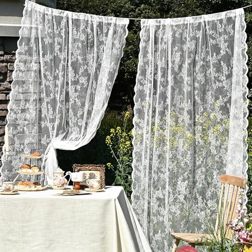 FOSDICK Vintage Gardinen Vorhang Spitze Vorhänge mit Ösen Vorhang Weiß Transparente Lace Curtains Spitzenvorhäng mit Blumenmuster Spitzengardinen Vintage für Wohnzimmer Schlafzimmer, HxB 200x75cm 1 St