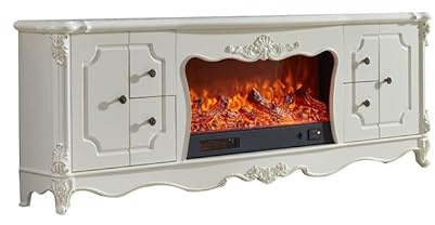 BNUTFRDD Stilvoller, weißer, geschnitzter Elektrokamin mit TV-Ständer, realistischer Holzflamme, Stauschränken und Vintage-Dekor for das Wohnzimmer, passend for Fernseher TV-Möbel mit Kamin