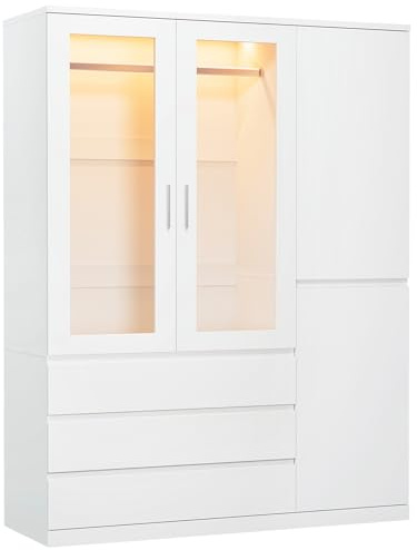 Dripex LED Wardrobe Closet, 4 Doors 3 Drawers, Armoire with Hanging Rail | Wardrobe Closet with LED Lights, Freestanding Clothes Storage Cupboards, Clothes Furniture, 120x48x180 CM, White
