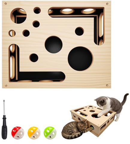 Beschäftigungsbox Katzen, Katzenkratzpuzzle Anreicherungsbox, Kratzpuzzle Spielbox Holz Katzens, Interaktives Spielzeug Katzens mit Bällen, Katze Kratzbrett, Spielzeugkiste für Indoor Katzen Kätzchen