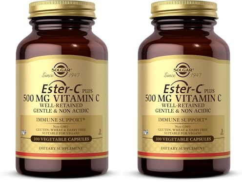 Solgar Ester-C Plus 500 mg Vitamin C (Ascorbate Complex), 100 Vegetable Capsules - Gentle & Non Acidic - Antioxidant & Immune Support - Non GMO, Vegan, Gluten-Free, Kosher - 100 Servings (Pack of 2)