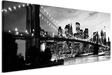Paul Sinus Art 150x50cm Leinwandbild auf Keilrahmen Manhattan Brooklyn Bridge Skyline Sonnenuntergang Wandbild auf Leinwand als Panorama