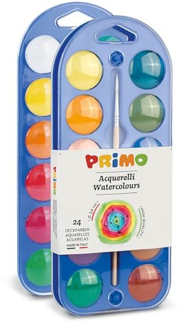 PRIMO - Aquarelle Peinture Enfant +5 Ans avec 24 Couleurs Enfant dans Gaufres Amovibles Ø30mm + 1 Pinceau Aquarelle, Kit Palette Peinture Enfants avec Feutre Aquarelle Loisirs Créatifs Made in Italy