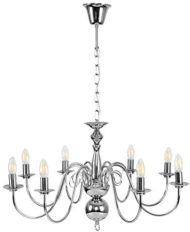 MiniSun | Large Retro 8 Way Ceiling Light Chandelier Fitting in a Polished Chrome Finish - Complete with 4w LED Candle Bulbs [3000K Warm White] | Ceiling Lights & Home Essential | Mains Wired