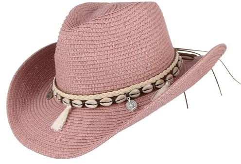 GEMVIE Women's Summer Straw Cowboy Cowgirl Hat Sun Hats Wide Brim Beach Holiday Straw Hat with Shell Band-Pink