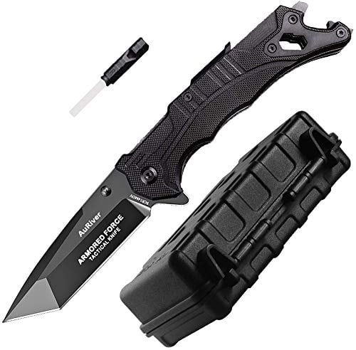 AuRiver Navaja Plegable Profesiona,Survival Navaja Plegable Multifuncional Supervivencia,para Acampar Acero Inoxidable con Mango G10 de Revestimiento de óxido,con Fuego Pedernal y Silbato
