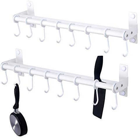 Dseap Pot Rack - Pots and Pans Hanging Rack Rail with 8 Hooks, Double Bars, Pot Hangers for Kitchen, Wall Mounted, White, Pack of 2