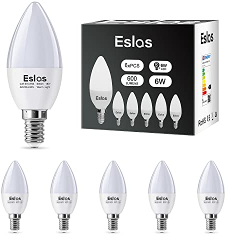 Eslas E14 LED Light Bulb, 6W E14 LED Candle Light Bulb, Warm White 3000K,C37 600lm, SES Small Edison Screw Candle Light Bulbs, 60 Watt Equivalent, Non-Dimmable, Pack of 6