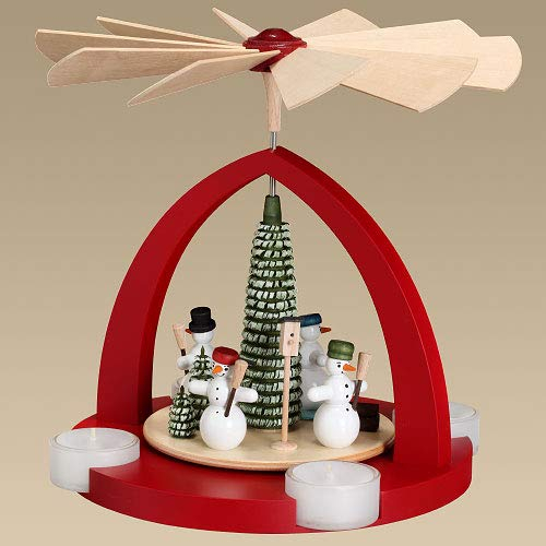 Rudolphs Schatzkiste Tischpyramide Schneemänner rubinrot Teelicht Höhe 23cm NEU Holzpyramide Tischdekoration Dekoration Weihnachten Wärmespiel Lichter Figur Edelholz Seiffen Erzgebirge Holz Flügel