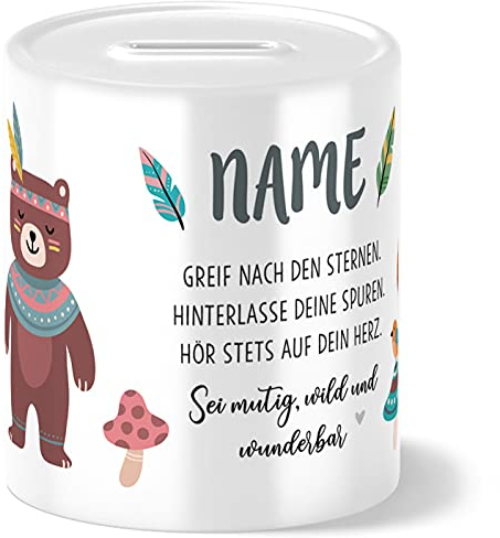 OWLBOOK® Boho Bär Spardose Kinder personalisiert | Geschenke zur Einschulung | Taufgeschenke | Geschenk Taufe Geburt Geburtstag Junge Mädchen | Sparschwein | Sparbüchse | Wiederverschließbar
