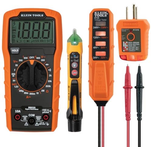 Klein Tools MM320KIT Kit di test elettrico multimetro digitale, tester di tensione senza contatto, tester presa, custodia per il trasporto e batterie