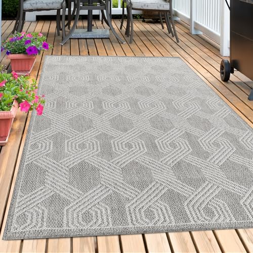 Outdoor Teppich Wetterfest Terasse Garten Balkon Picknick Camping Teppich Geometrisch Design Sisal Optik Flachgewebe Küchenteppich Pflegeleicht Rechteckigen Form Farbe: Grau, Grösse: 160 x 230 cm