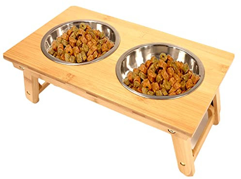 Dog Feeding Station Raised Bamboo, Cat and Pet Bowls Stainless Steel with Wooden Stand and Adjustable Legs, Mess-Free Feeding and Watering Supplies The Perfect Animal Lovers Gift