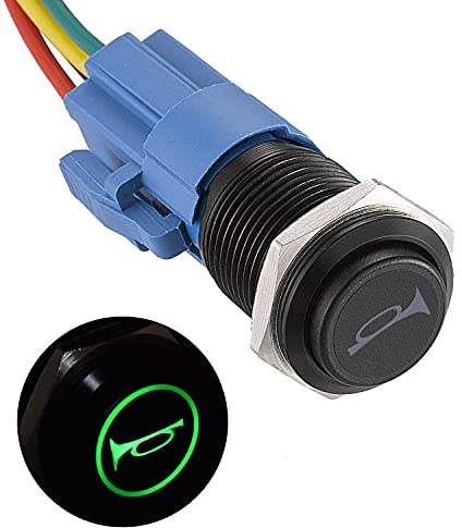 APIELE 16MM Momentan Hupentaste Druckschalter 12V, mit LED wasserdicht Momentary Drucktastenschalter mit vorverdrahtetem Stecker16mm Horn Switch (schwarze Schale/Grün LED)
