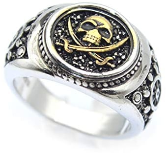 Skull Ring for Men, Vintage Pirate Crossed Swords Skull Head Ring, Punk Rock Skull Totem Ring, Gothic Pirate Skull Amulet Ring, Halloween Ring Biker, Viking Skull Jewelry Gift for Men Boys (Gold, S)