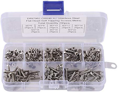 Set di 200 viti autofilettanti a testa piatta, in acciaio inox M3 con combinazione di viti a testa piatta rotonde, assortimento di bulloni