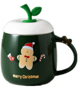 Becher 500ml Kinder Kaffeetasse mit Deckel Kaffeebecher Hitzebeständig Keramik Keramikbecher mit Metalllöffel Tasse Niedlich Weihnachtsbecher Rentier Schneemann Lebkuchenmann Teetasse Weihnachten
