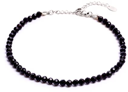BERGERLIN Bracelet de Cheville Obsidienne noire avec Fermoir en Argent Sterling 925 - Bracelet Cheville noir, perles à facettes - Taille M-L Feel Goods