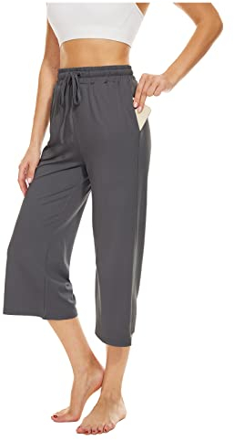 BATHRINS Damen Freizeithose 3/4 Hose Jogginghose Sommer Loose Bequeme Weitem Bein Sweathose Hausehose Sporthose mit Taschen und Verstellbarem Kordelzug(Dunkelgrau,M)