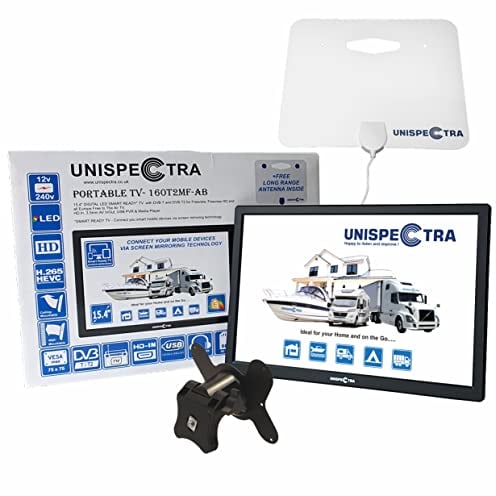Unispectra® 16 Pollici SmartReady 12V / 230V HD Digitale H.265 TV DVB-T/T2 (Visione gratuita) USB PVR & Media Player, FM Tuner, HDMI. Ideale per Casa, Camper, Barca, Campeggio, Camion