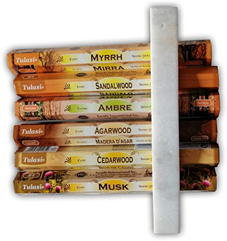 Gemischtes Räucherstäbchen Natürliche Holz - Aromatherapie - 6x20 Stück + Räucherstäbchenhalter aus Weißem Marmor 26x3.5 cm - Robust und Elegant