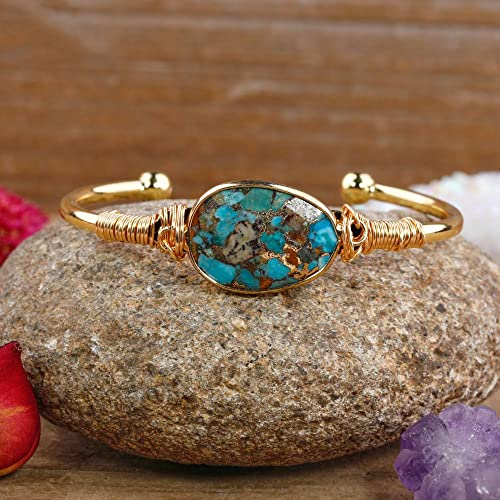 Edelstein Armband,Naturstein Gold Line Türkis Kristall Armband Mode Facettierte Ovale Goldfarbe Wrap Offene Manschette Armreif Yoga Energie Edelsteine Armband Schmuck Für Männer Frauen Geschenk