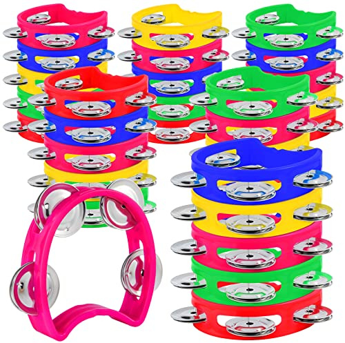 MIAHART 32 Pack Weihnachts-Hand-Tamburin, Geräuschmacher, Tamburin, 4 Glocken, farbige Kunststoff-Hand-Tamburine, Musik-Rhythmus-Instrument für Erwachsene, Kinder