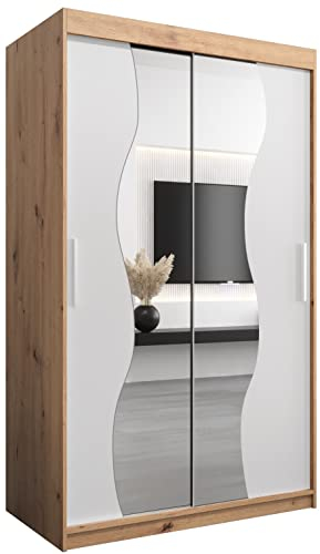 KRYSPOL Schwebetürenschrank Madryt 120 cm mit Spiegel Kleiderschrank mit Kleiderstange und Einlegeboden Schlafzimmer- Wohnzimmerschrank Schiebetüren Modern Design (Artisan Eiche + Weiß)
