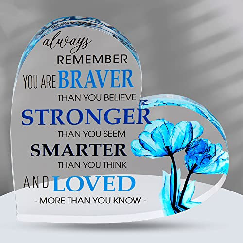 Motivational Gifts - Acrylic Hearts with Heartwarming Message - Inspirational Gifts for Women, Men Gifts - Home Office Desk Decor, Colleague Leaving Gifts, (Heart - Blue Flower)