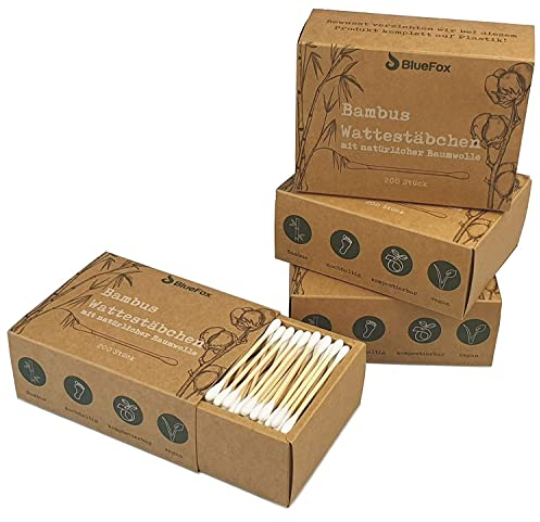 BlueFox Bastoncillos de algodón de bambú sin plástico, 800 unidades, varillas veganas, Q tips sostenibles con algodón, compostables, biodegradables, qtips, algodón bud, color: natural…