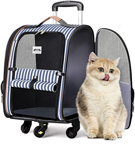 Lekespring Hunderucksack Katzenrucksack mit Trolley 2 in 1 bis 8 kg, Faltbare Hunderucksack Große Transportbox für kleine Hunde, Blau Gestreift-L