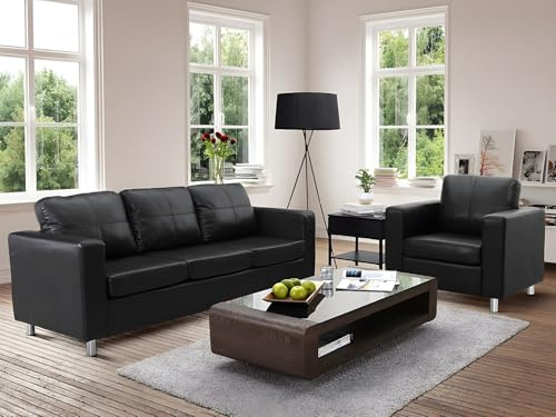 Vente-unique-Couchgarnitur 3+1 - Kunstleder - Schwarz - Ackley