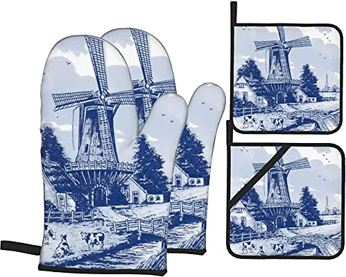 Topflappen Nederland Niedliches Vintages Holländisches Windmühlen-Delfter-Blau rutschfest Ofenhandschuhe Set Druck Topfhandschuhe Für Kochen Kitchen Grillen