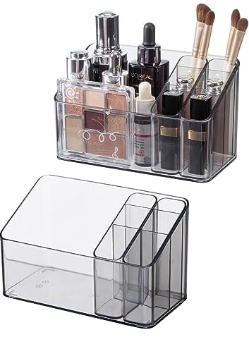 SHIMOYAMA Makeup Organiser, 2 Pack, Plastic Clear Cosmetic Storage Box for Dressing Table Bathroom Cabinet, Vanity Organiser Holder with 2 Movable Inner Case