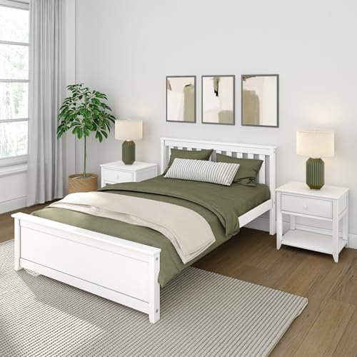 Maxwood Furniture Small Double Size Bed Frame, Solid Wood Platform Bed with Slatted Headboard, White