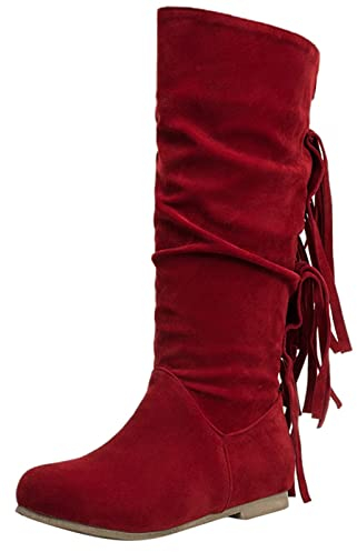 Zshosam Bottes Femme Hiver Cuissardes Bottines Automne et Hiver pour Femmes Mode Rétro Européenne et Américaine Pompon Rond Chaud Bottes Hautes Femmes Cuissardes Sexy Bottes Femme, rouge, 41(EU 40)