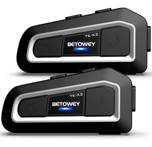 BETOWEY 2X Intercomunicador Casco Moto TK-X2 Manos Libres Bluetooth Auriculares Moto Bluetooth 5.0 con FM Radio, Micrófono Duro y Suave, Marcación por Voz, Impermeabilidad