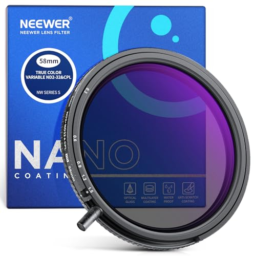 NEEWER 58mm True Color Filtre ND2-ND32 & CPL Variable 2 en 1, Densité Neutre Réglable Filtre Polarisant Circulaire Verre Optique HD Multicouche Accessoires/Cadre Aluminium/Hydrofuge/Anti-Rayures
