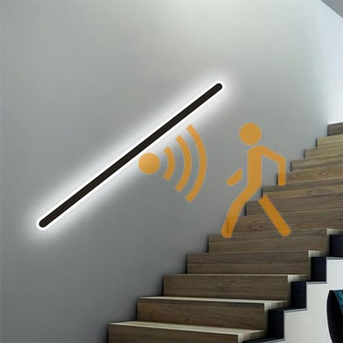GZZBMY Wandleuchter mit Bewegungssensor Langer LED Streifen Acryl Wandlampe Modern Minimalistisch Schwarz Lichter Innentreppe Wandbeleuchtung Villen Schlafzimmer Wohnzimmer (Weißes Licht,200CM)