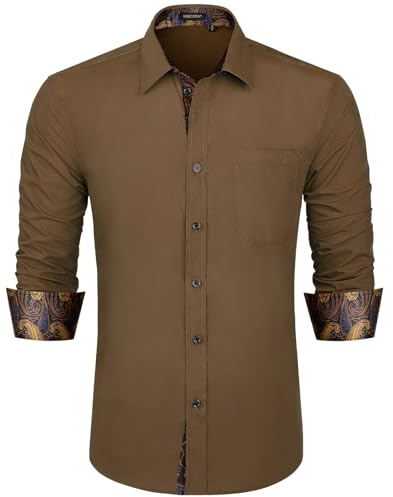 HISDERN Mens Long Sleeve Shirts Regular Fit Casual Button Shirt for Men Formal Dress Shirts Business Shirt Brown XXL