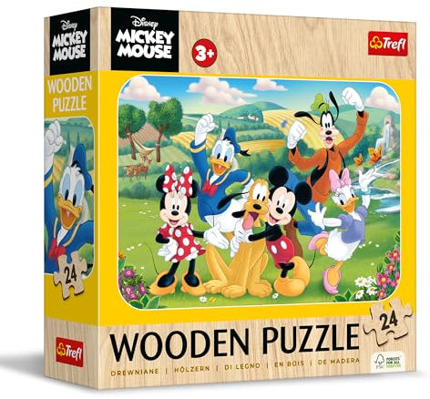 Trefl - Holzpuzzle: Disney, Mickey und Freunde - 24 Elemente, Puzzle Wooden Puzzle, Dekoratives Muster auf der Rückseite, für Kinder ab 3 Jahren