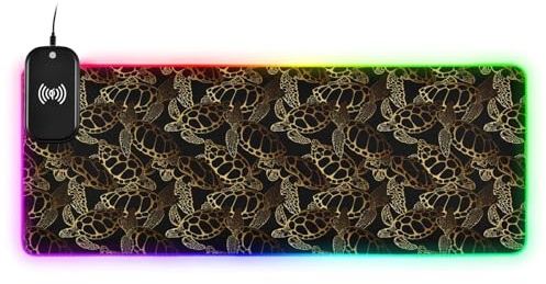 Golden Sea Turtle Ocean Waves Boho Wireless Charging Glowing Large Gaming Animal Pad Small Desk Mat for Keyboard and Animal Desktop Mousepad Glowing Home Office 80.0x30.0 cm