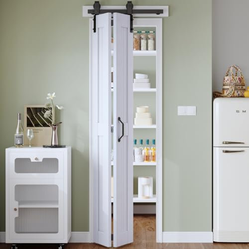 Finosen Porta a due ante scorrevoli a due ante con binario hardware incluso, binario per 2 ante da 90 cm, pannello in legno MDF, superficie in PVC, salvaspazio, montaggio fai da te, bianco