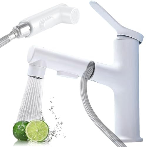 Btstil Wasserhahn Bad mit ausziehbar Brause, Waschtischarmatur Ausziehbar mit 3 Strahlarten, Einhandmischer Waschbecken aus Messing für Badezimmer, Chrom (Weiß)