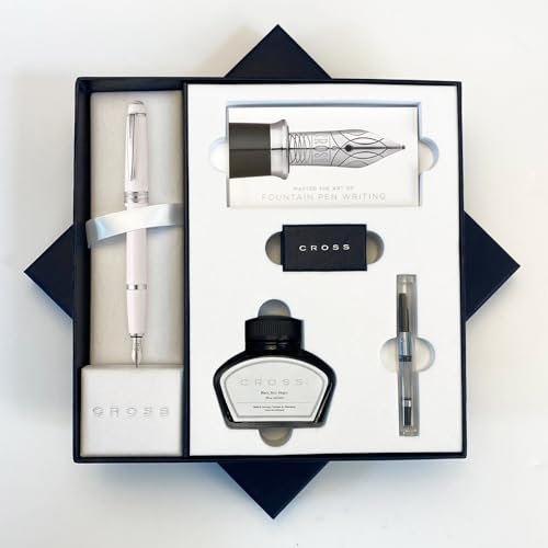 AT Cross Bailey Light Fountain Pen Luxury Gift Boxed - Choose Nib Width and Colour (White Fountain Pen Set, Extra Fine Nib)