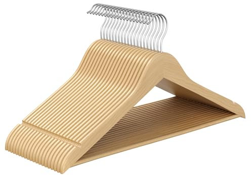 SONGMICS Kleiderbügel Holz, 20er Set, Holzbügel schlank, Bügel, Einkerbungen im Schulterbereich, Hosenbügel, 360° drehbarer Haken, Birkenholz, für Träger und Jacken, naturfarben CRW040K01