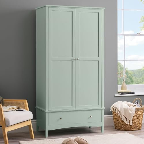 CHRISTOW Sage Green Double Wardrobe with Drawer, 2 Door Storage Cupboard, Modern Wooden MDF Bedroom Furniture, Clothes Rail, Shelf, Brushed Chrome Handles, Soft Shut Hinges (185cm x 94.5cm x 50cm)